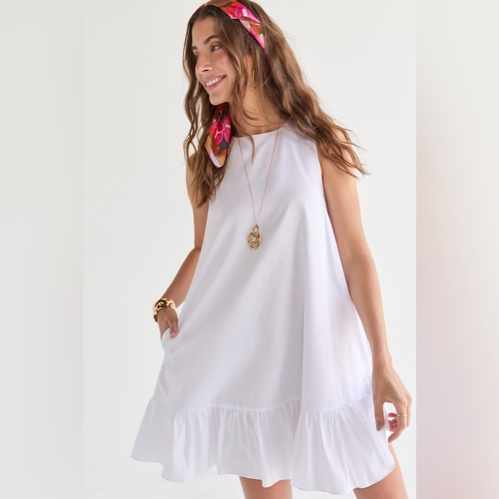 Marsha Solid White Ruffle Hem Mini Swing Dress with Pockets